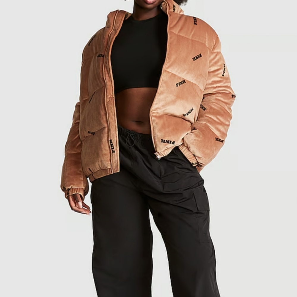 PINK VS RIB VELOUR CROP PUFFER JACKET sz Medium - Picture 3 of 5